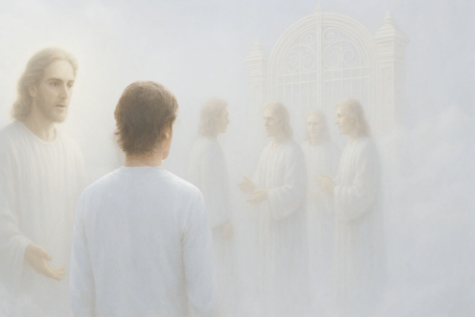 Messengers in white light at a heavenly gate